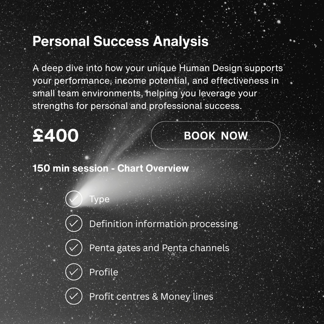 A promotional flyer for a personal success analysis session against a starry space background. The flyer highlights a 150-minute chart overview session priced at £400, with a bullet list of covered topics including type, definition information processing, Penta gates and channels, profile, and profit centers and money lines. There is a prominent "Book Now" button.