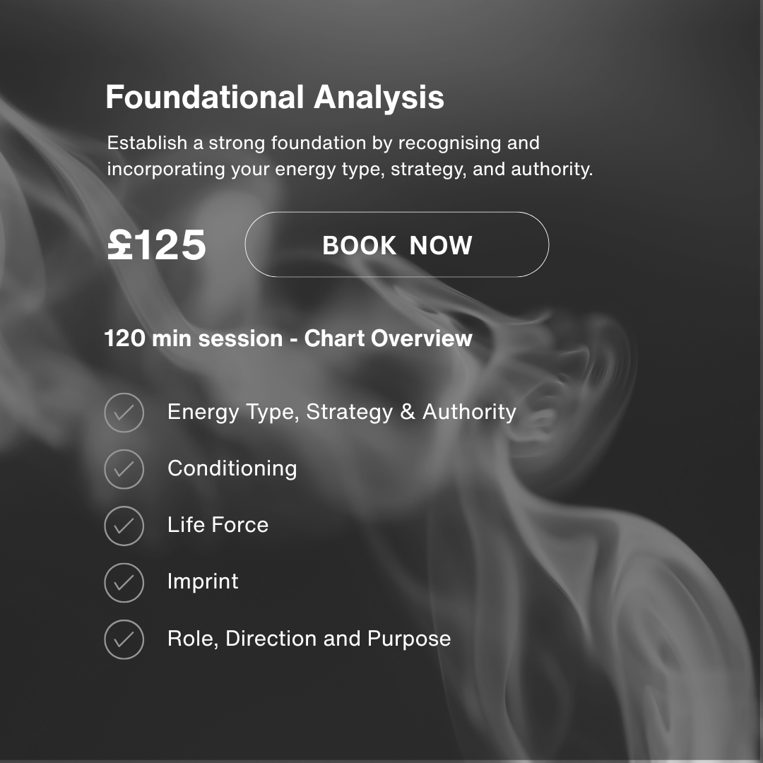 An advertisement for a foundational analysis session costing 125 British pounds, featuring a dark background with light smoke patterns. The ad promotes a 120-minute session with chart overview and highlights topics like energy type, strategy, authority, conditioning, life force, imprint, role, direction, and purpose, with a prominent 'Book Now' button.