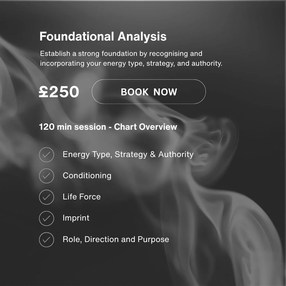 A promotional graphic for a foundational analysis session priced at £250, lasting 120 minutes, with a dark background and swirling smoke effects. Features a 'Book Now' button and a list of session topics including Energy Type, Strategy & Authority, Conditioning, Life Force, Imprint, and Role, Direction and Purpose.