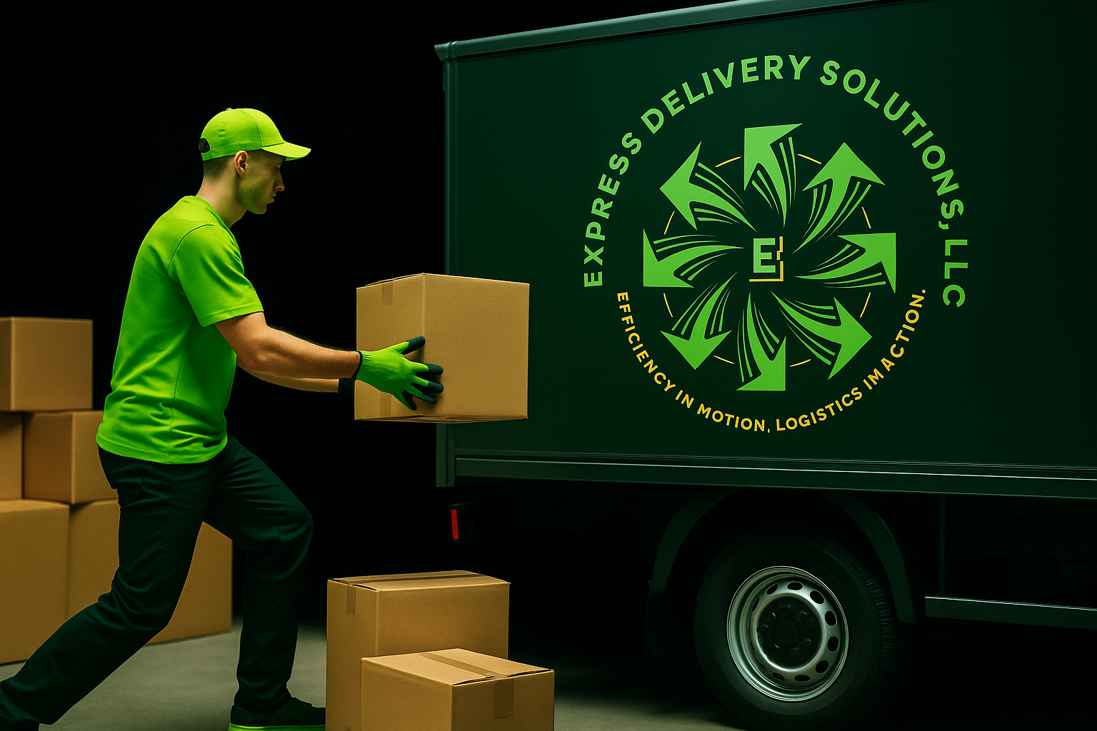 A delivery person in a neon green uniform and cap loading a cardboard box into a green delivery truck with a logo and slogan about express delivery solutions.