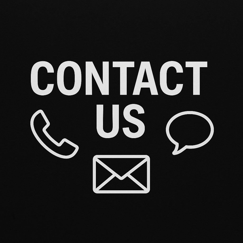 Contact us message with icons of a phone, email, and speech bubble on a black background.