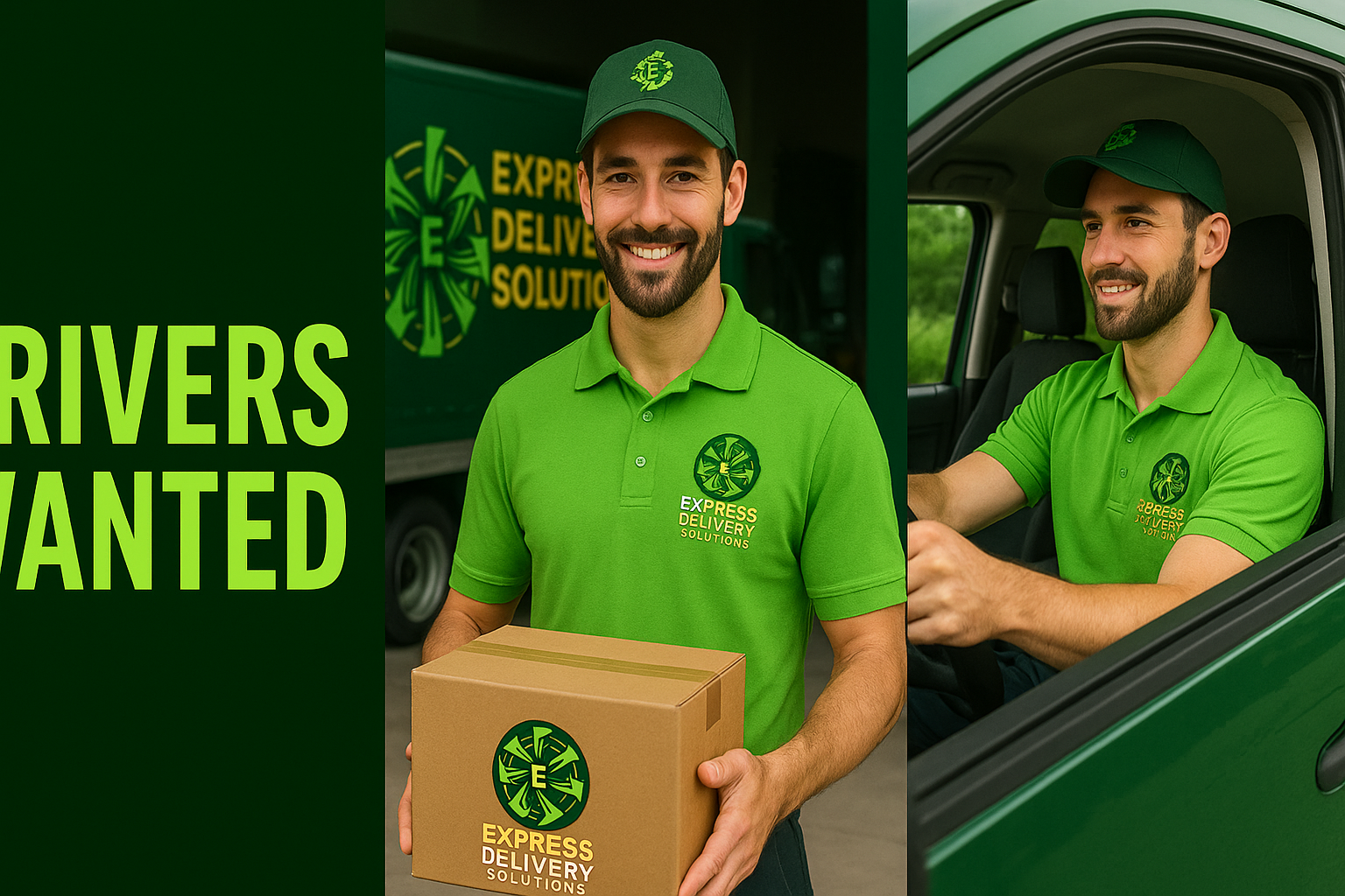 Two delivery workers wearing green shirts and caps with 'Express Delivery Solutions' logo. One stands outside holding a cardboard box, the other sits inside a vehicle.