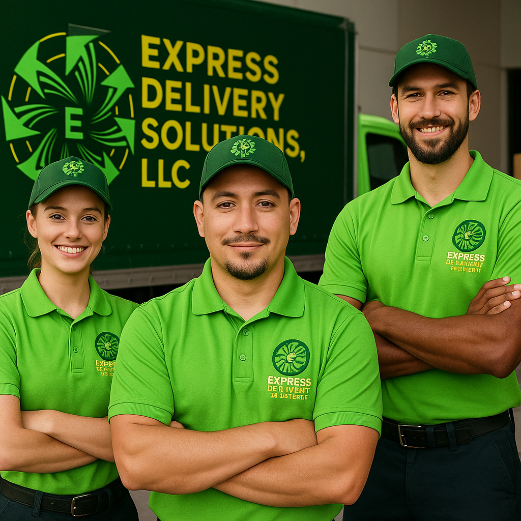 Three delivery workers wearing green uniforms and caps standing in front of a green delivery truck with the company's logo and name, 'Express Delivery Solutions, LLC.' They are smiling and have their arms crossed.