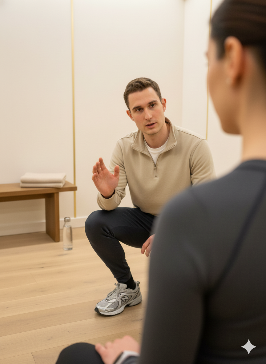 Coach sportif privé Benoit Mazet – corrige sa cliente VIP dans un élégant appartement parisien