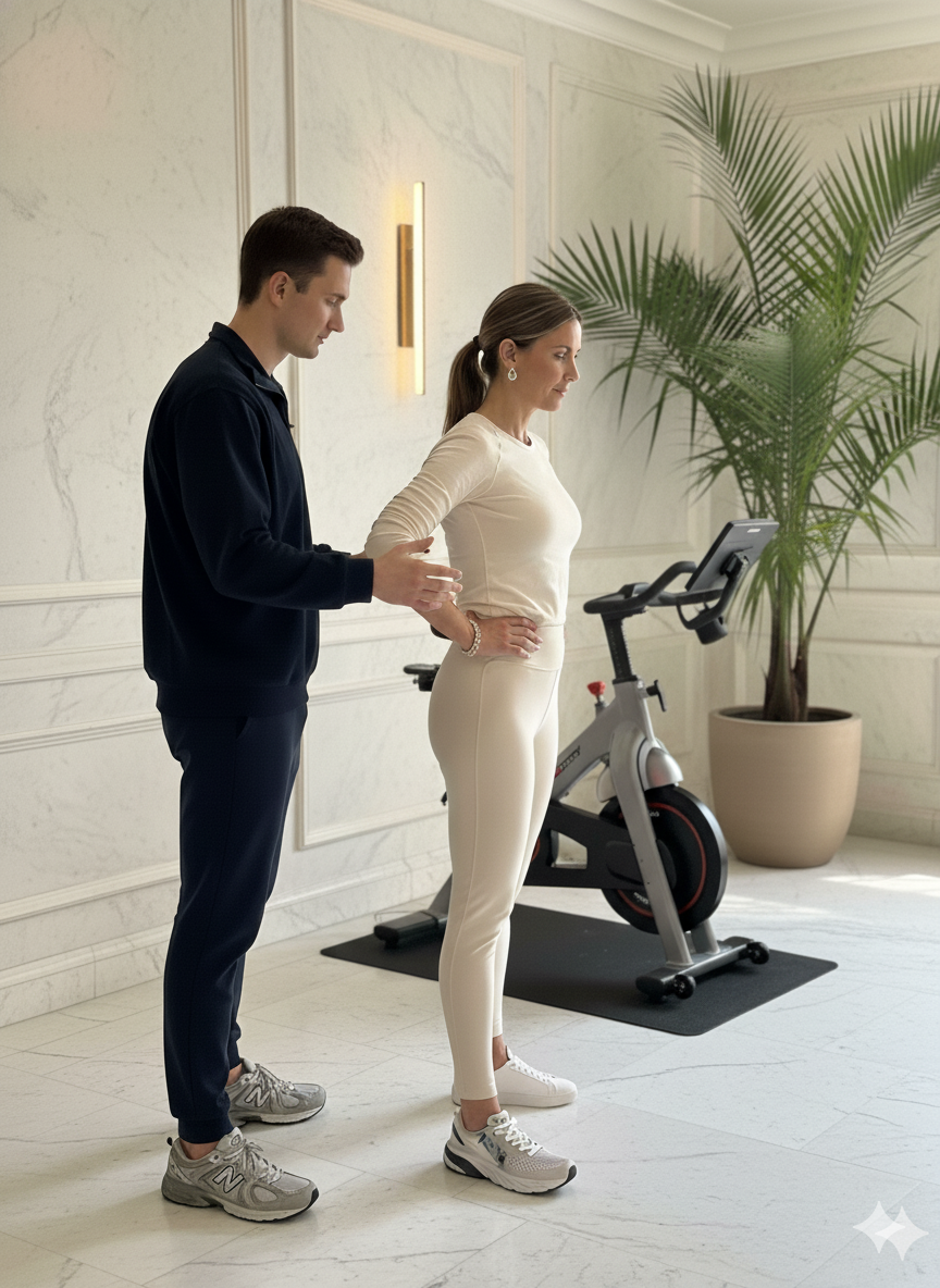 Coach sportif spécialisé dans le coaching de personnalités publiques, VIP et dirigeants explique a sa cliente fortuné comment bien faire les mouvements de musculation et de renforcement lors d'un coaching privé