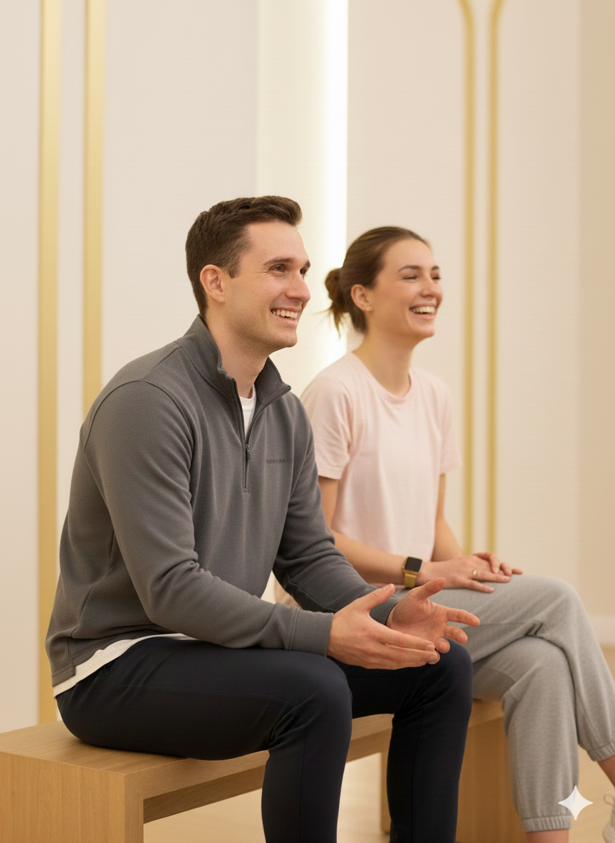 Personal trainer – échange un  bon moment de complicité avec sa cliente star à la fin d’une séance dans une salle de sport de luxe à paris