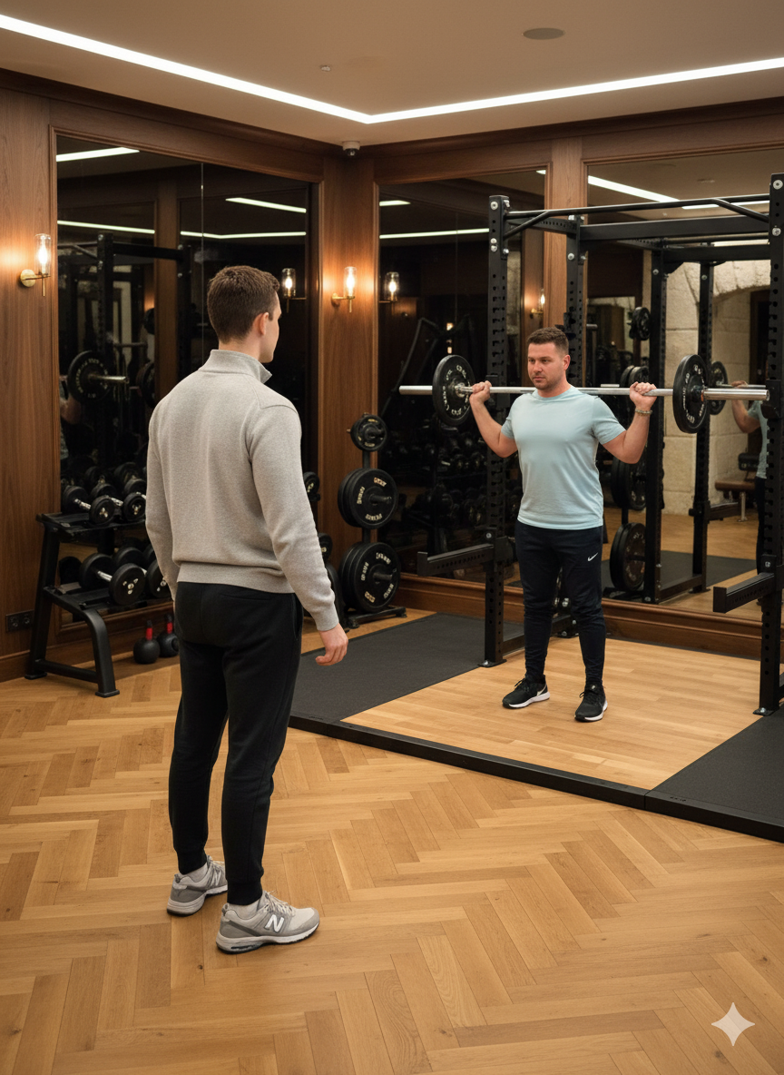 Un coach sportif (Benoit Mazet) entraine son client dirigeant CEO dans le fitness d'un palace