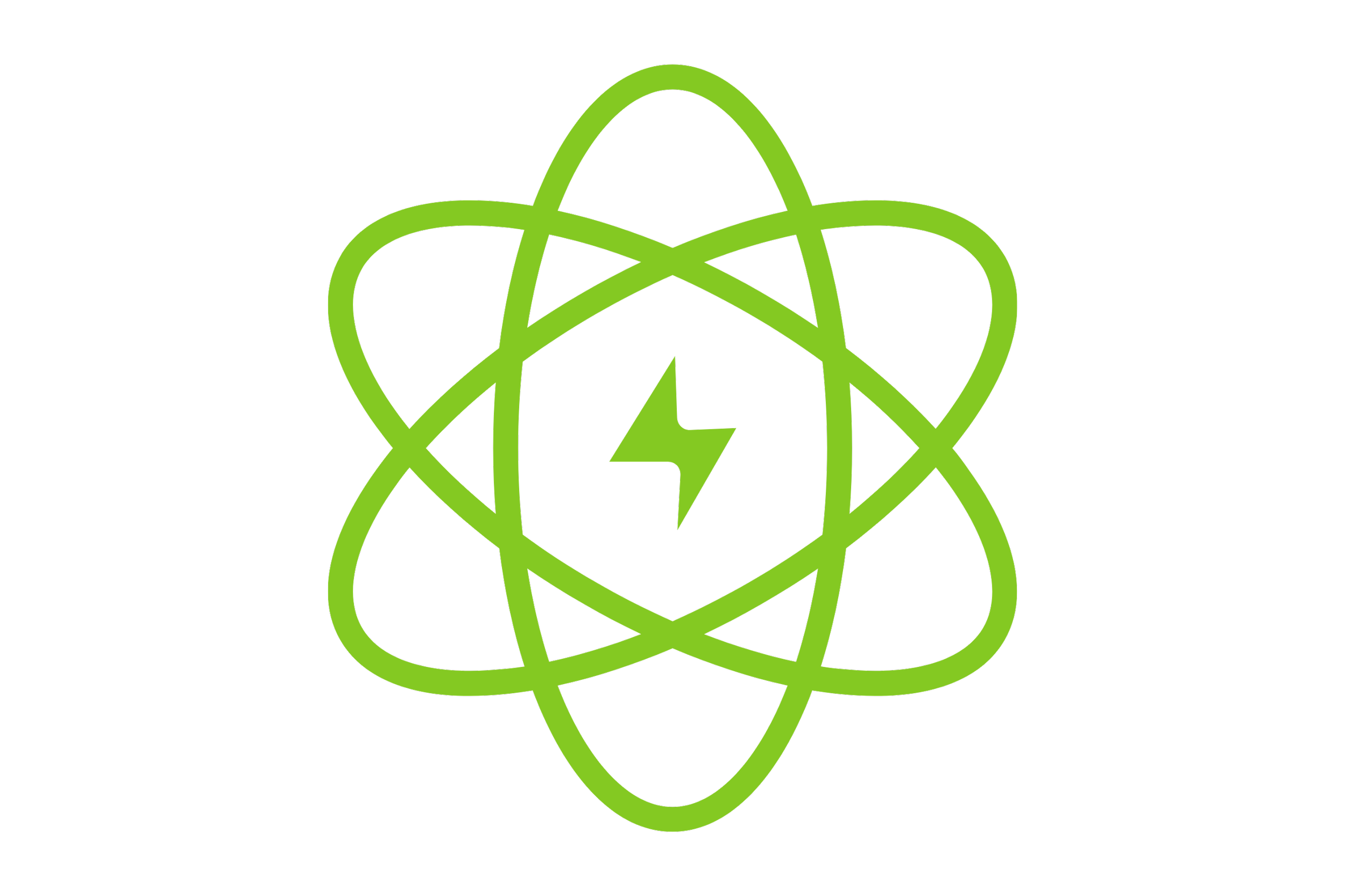 Green sci-fi style atom icon with a lightning bolt in the center on a black background.
