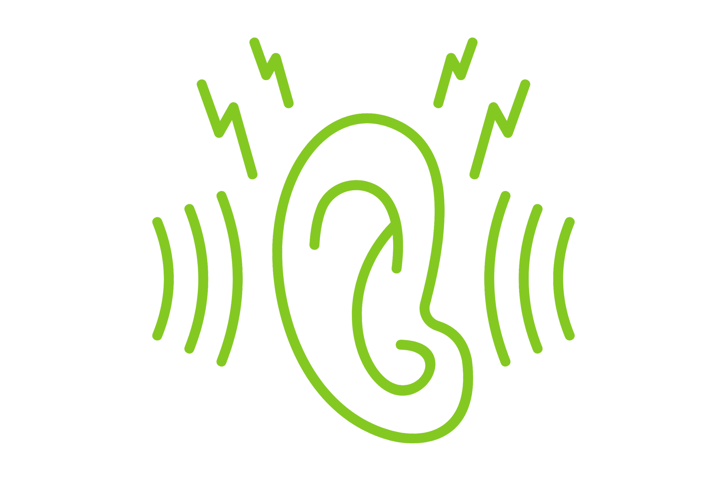 Green neon ear with sound waves emanating outward on a black background.