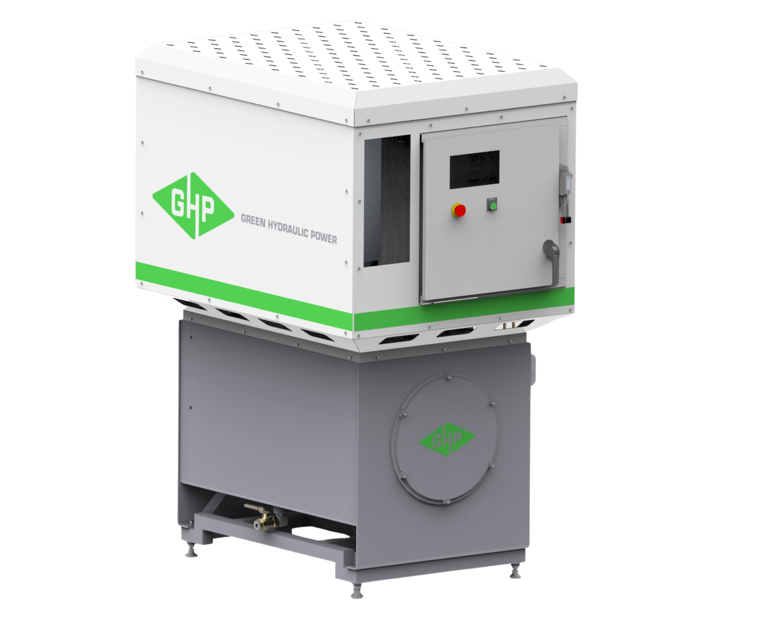 A white and gray machine with green accents labeled 'GHP Green Hydraulic Power'.