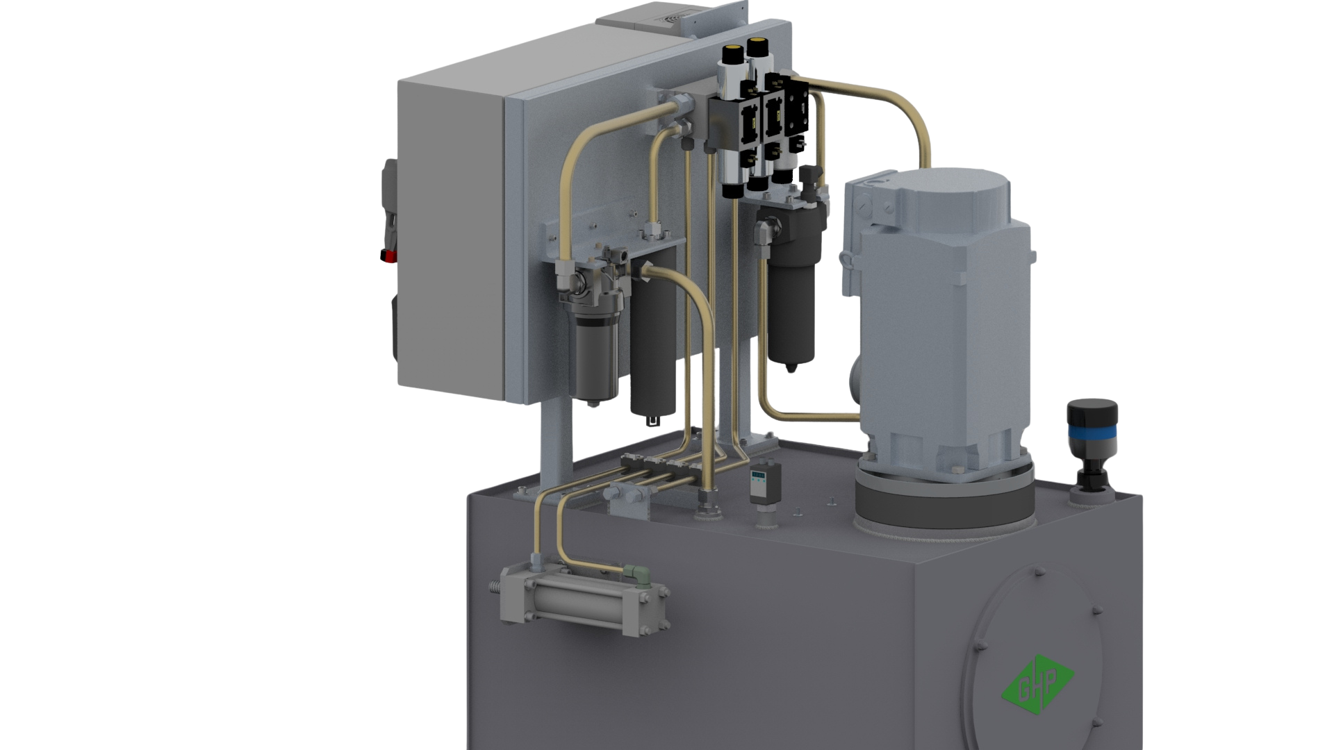 Industrial machinery with pipes, filters, and control components, featuring a green GHP logo on the front.