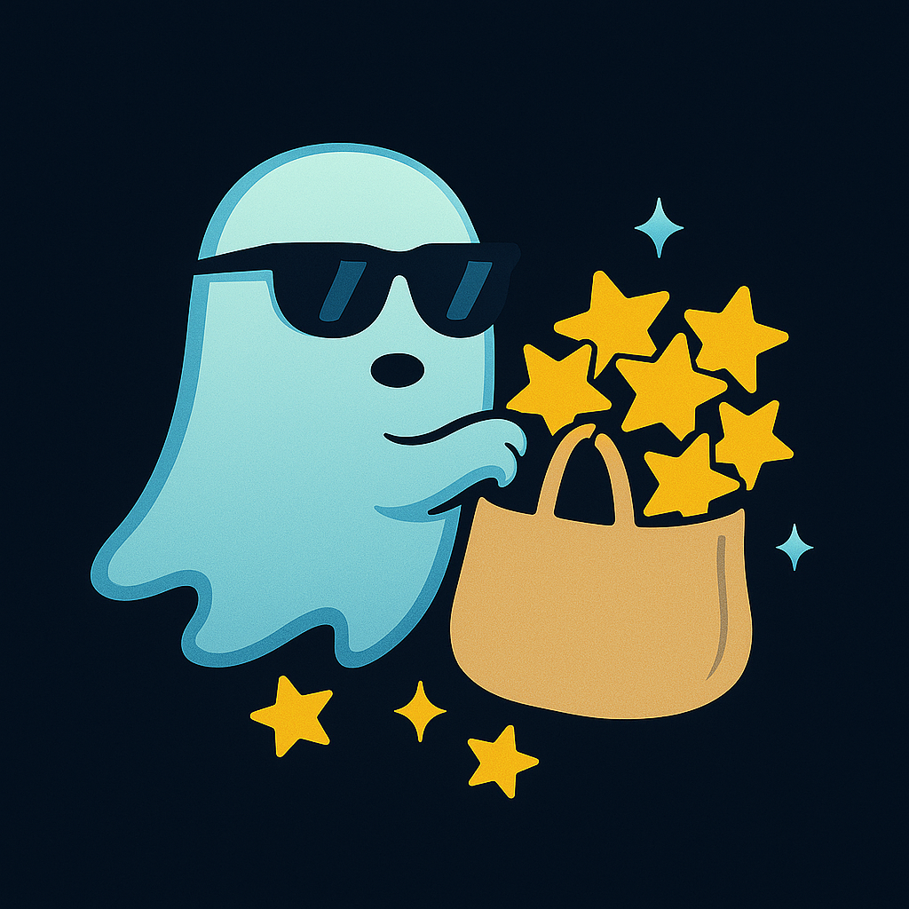 Animated ghost wearing sunglasses holding a bag of yellow stars, with some stars falling out of the bag.