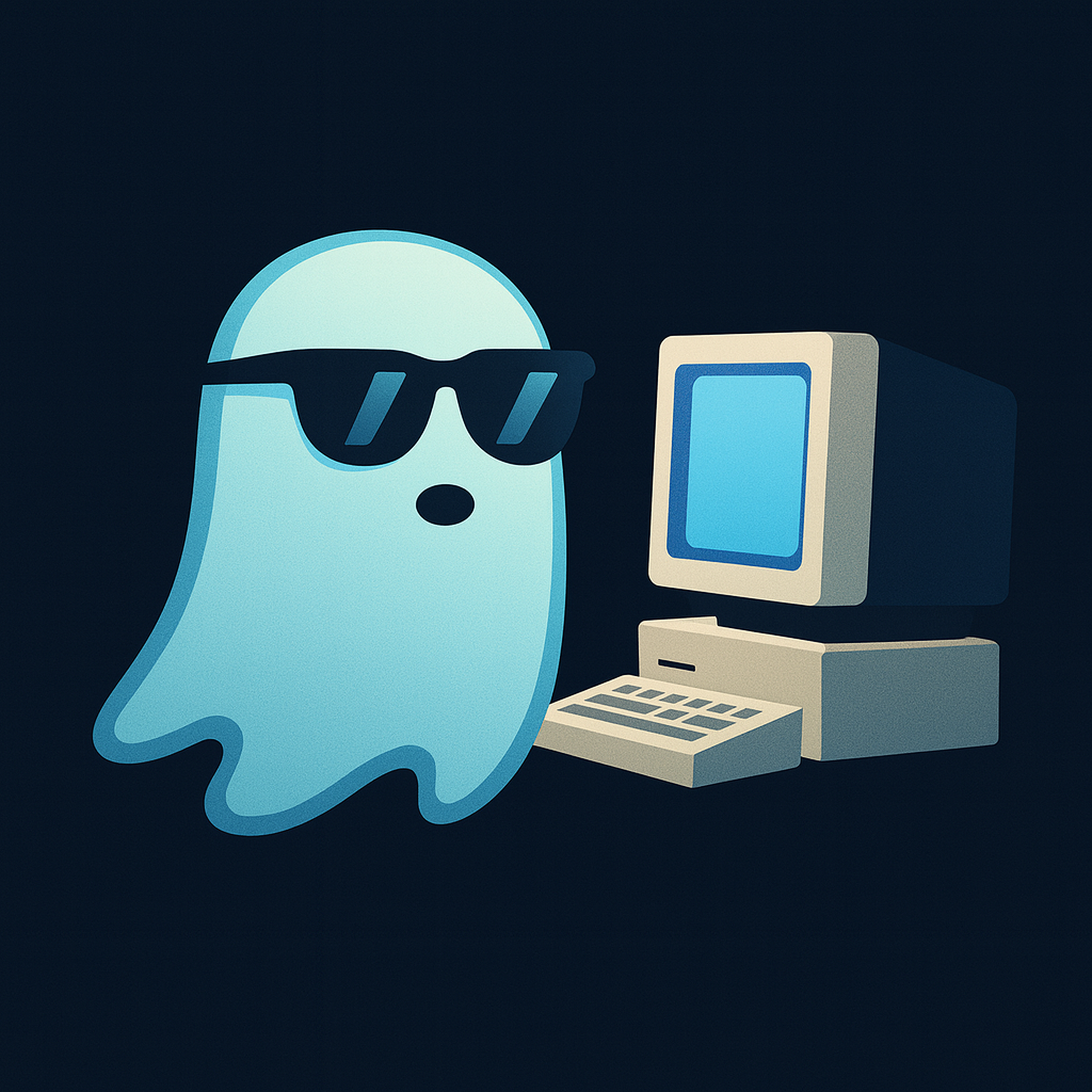 Cartoon ghost wearing sunglasses next to old-fashioned computer with a monitor and keyboard, dark background.
