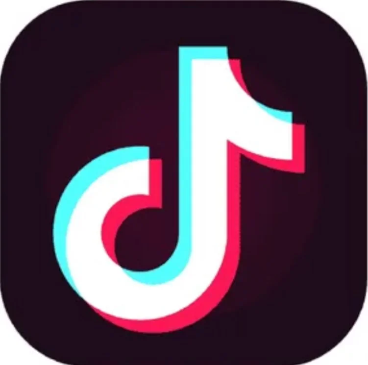 TikTok app logo with black background, featuring white, blue, and red stylized musical note.