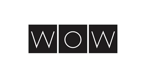 The word 'WOW' displayed with each letter inside black squares.