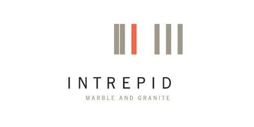 Logos of three vertical, rectangular stones in marble and granite, with the word 'INTREPID' below and the text 'MARBLE AND GRANITE' underneath.