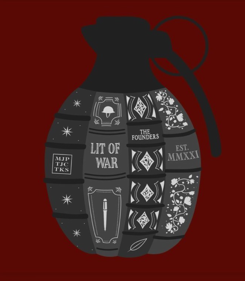 A digital illustration of a grenade with a decorated body featuring books, symbols, and text, on a dark red background. Literature of War logo.