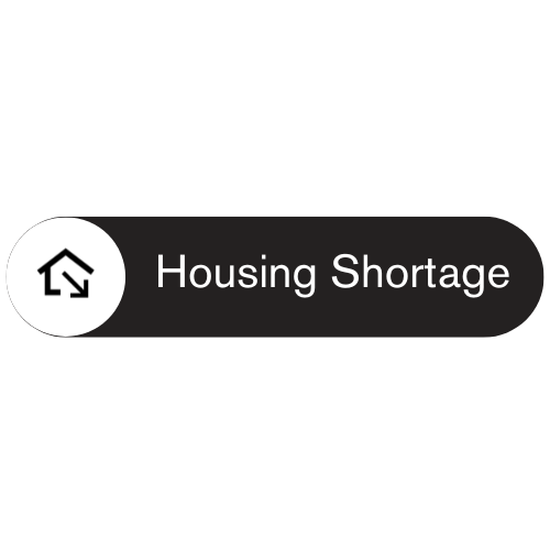 Icon of a house with a dollar sign inside, next to the text 'Housing Shortage' on a dark background.