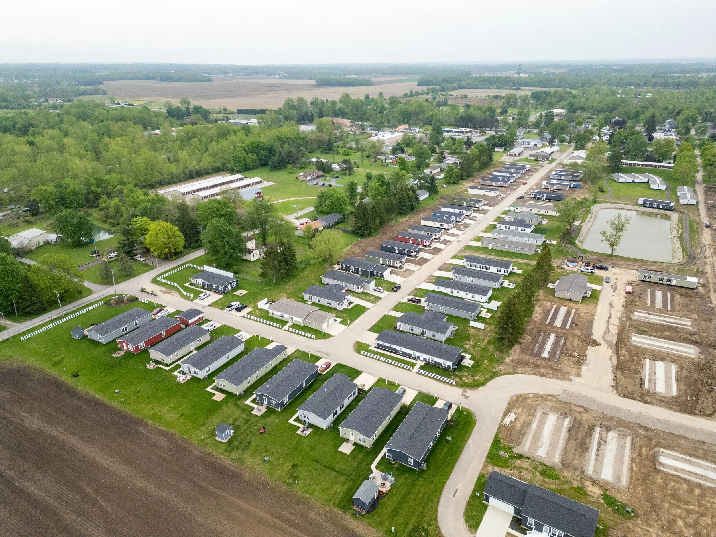 Aerial view of a modern manufactured home community by Heartstone Communities