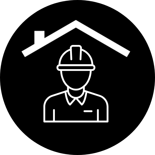 Icon of a construction worker wearing a hard hat, with a house roof above him on a black background.