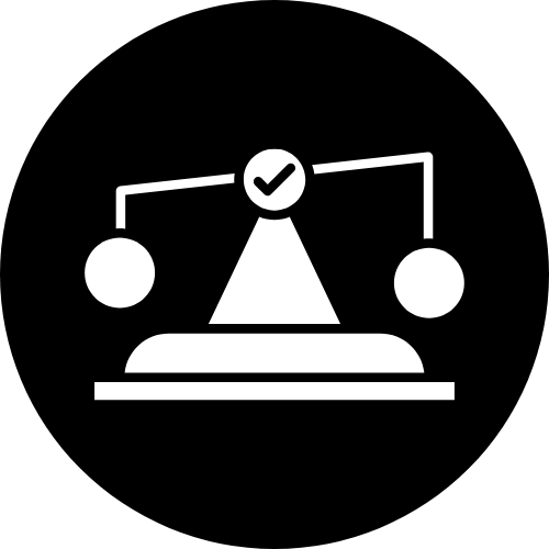 Icon of a judge's gavel with balance scales and a checkmark