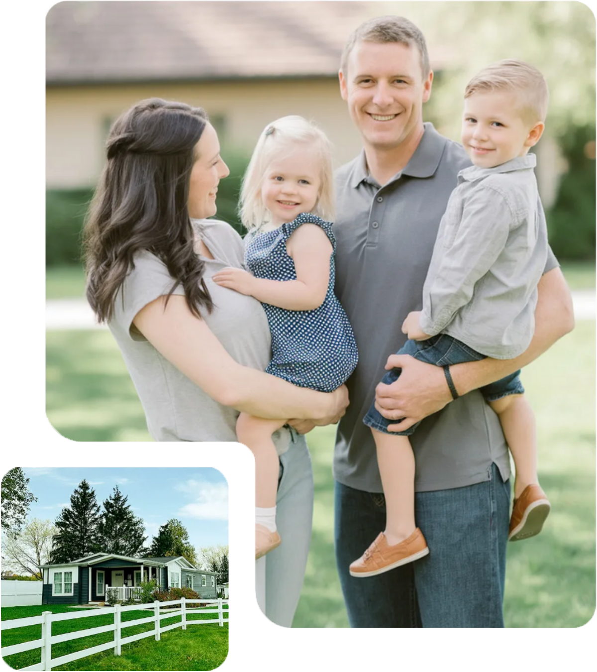 A happy family of four standing outdoors, the mother and father each holding a child, with a house and trees in the background.