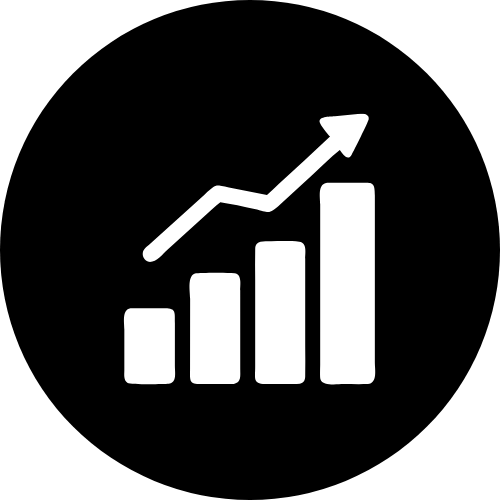 White bar chart with an upward trending arrow on black background.