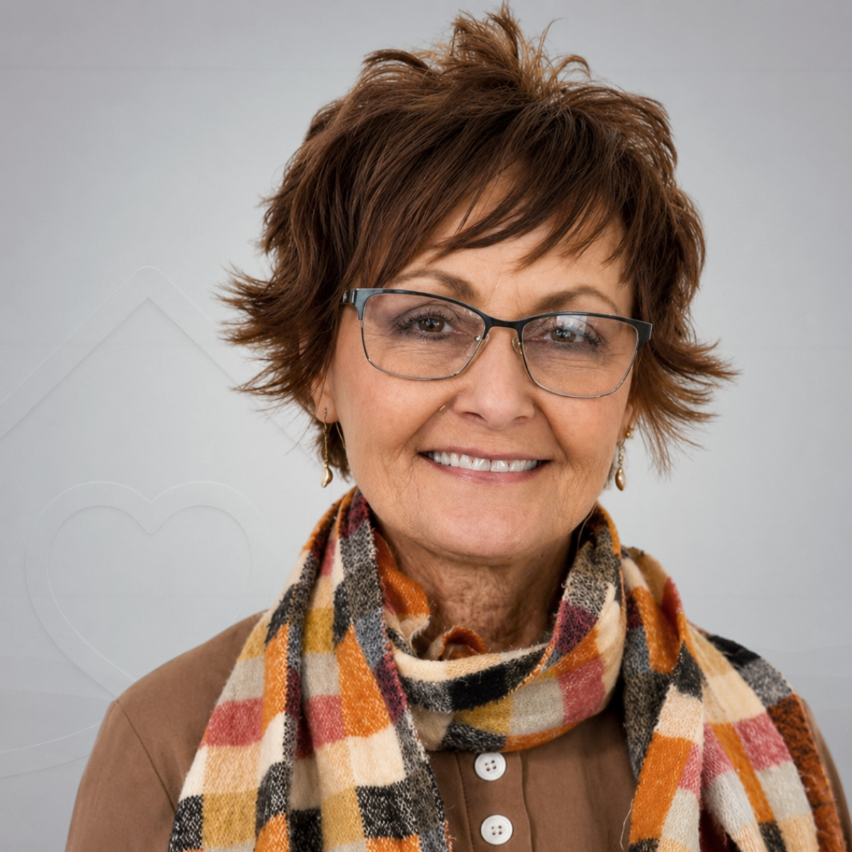 A smiling woman with short, layered brown hair and glasses, wearing a multicolored plaid scarf and a brown top, standing against a white wall.