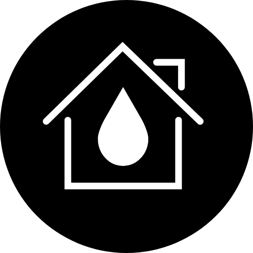 A black and white icon of a house with a water droplet inside and an arrow pointing towards the house roof.