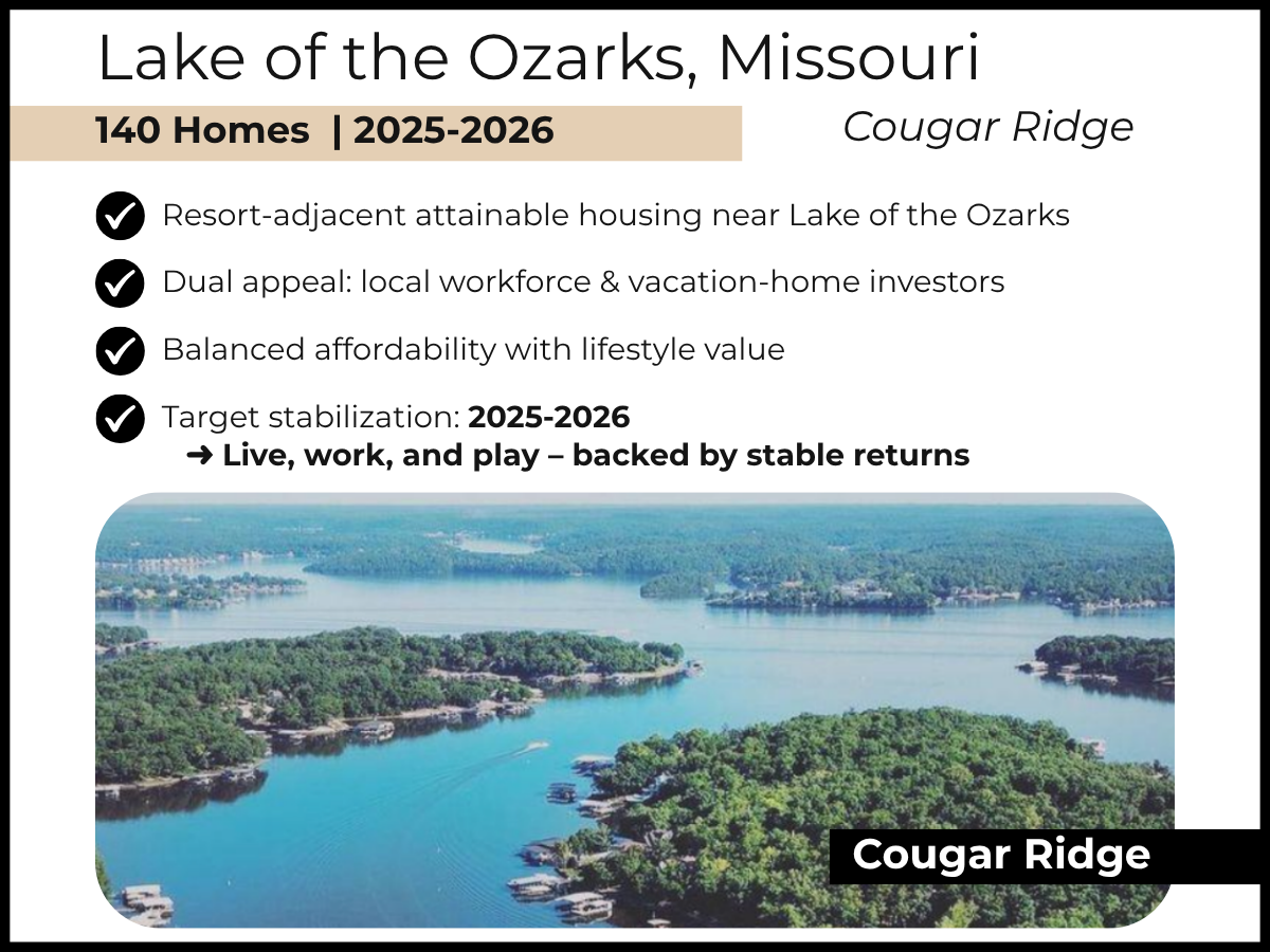 Aerial view of Heartstone’s Lake of the Ozarks community featuring modern manufactured homes surrounded by trees and lakefront scenery.