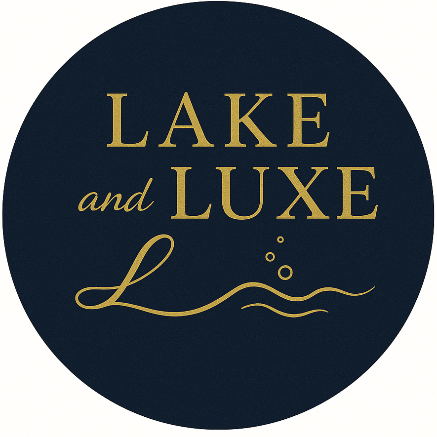Dark circular logo with gold text that reads 'LAKE and LUXE' and a gold wave with bubbles underneath.