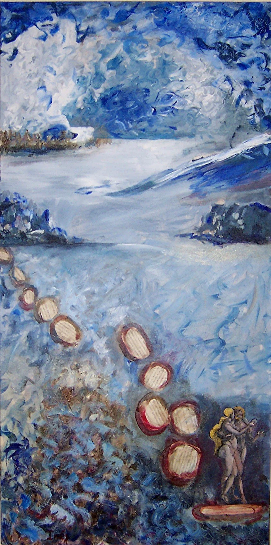 Out of Eden,acrylic, collage, and transfer 48 x 24.JPG