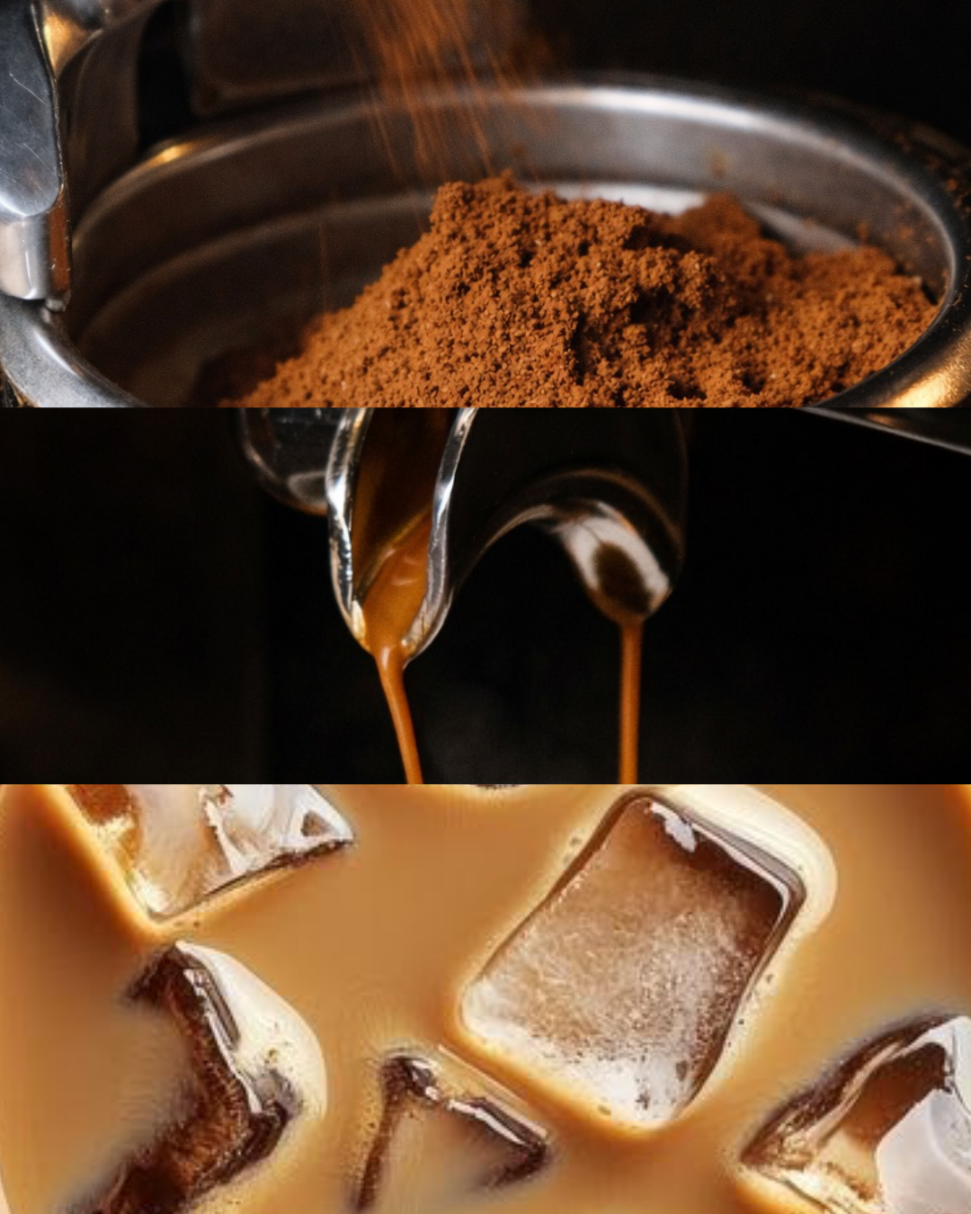 Proceso de preparación de café con leche: café molido, agua fluyendo de una cafetera y café con hielo