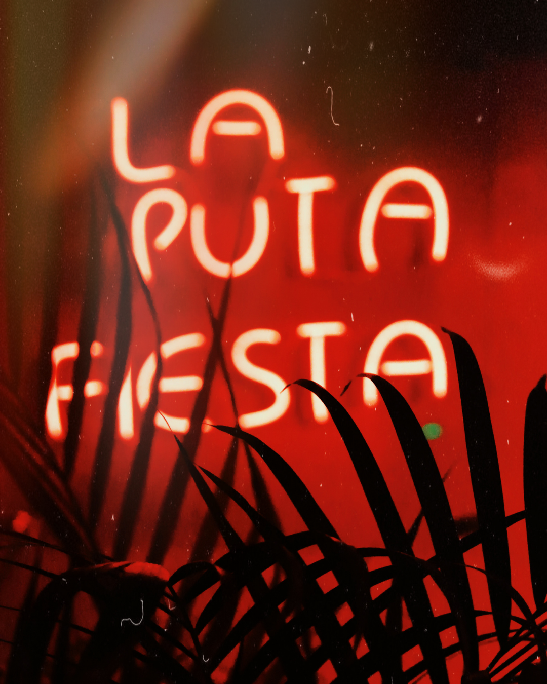 Letrero de neón que dice 'LA PUTA FIESTA' con fondo rojo y plantas en la parte inferior.