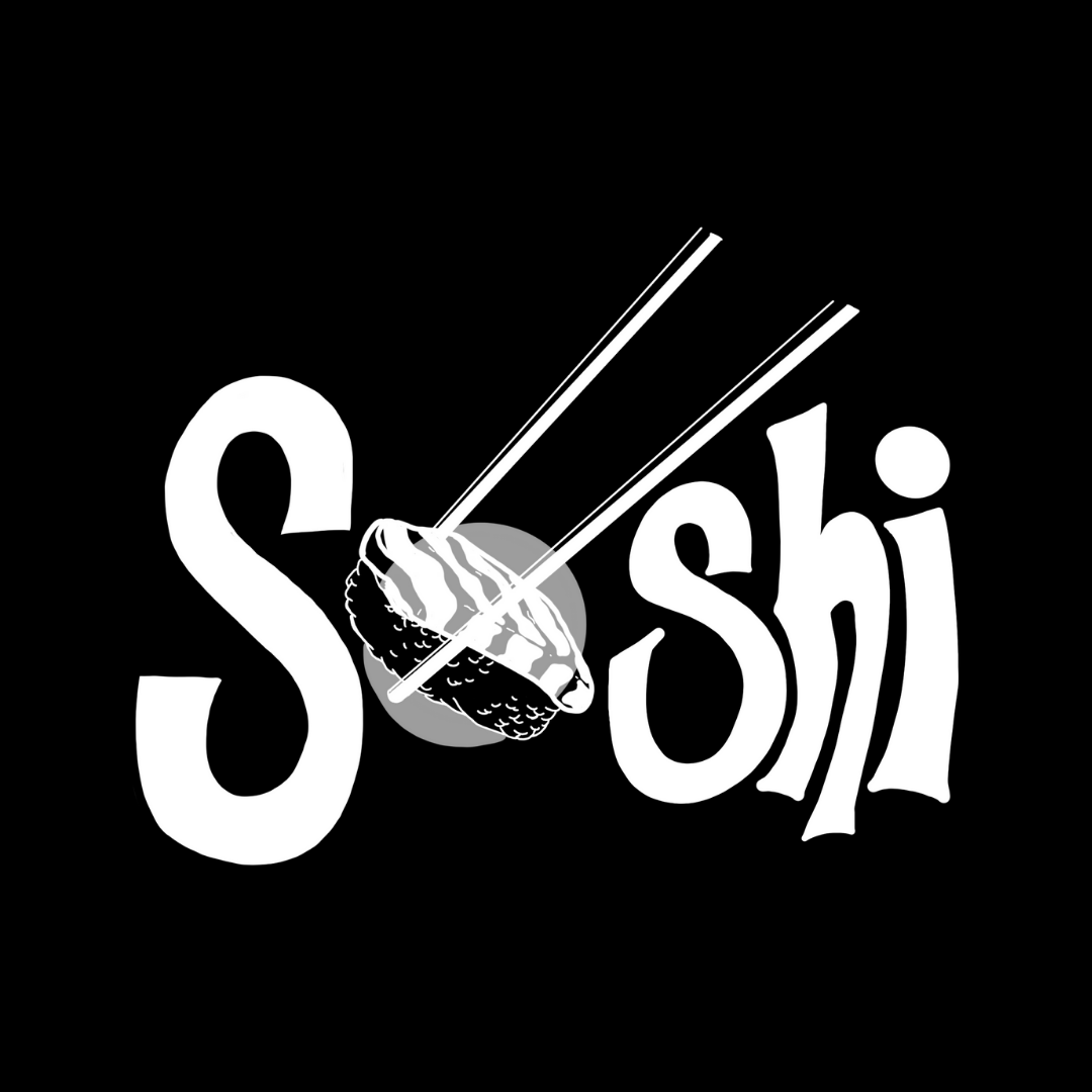 Logo en blanco y negro con la palabra 'Sushi'; en el centro, un trozo de sushi con palillos, todo sobre fondo negro.