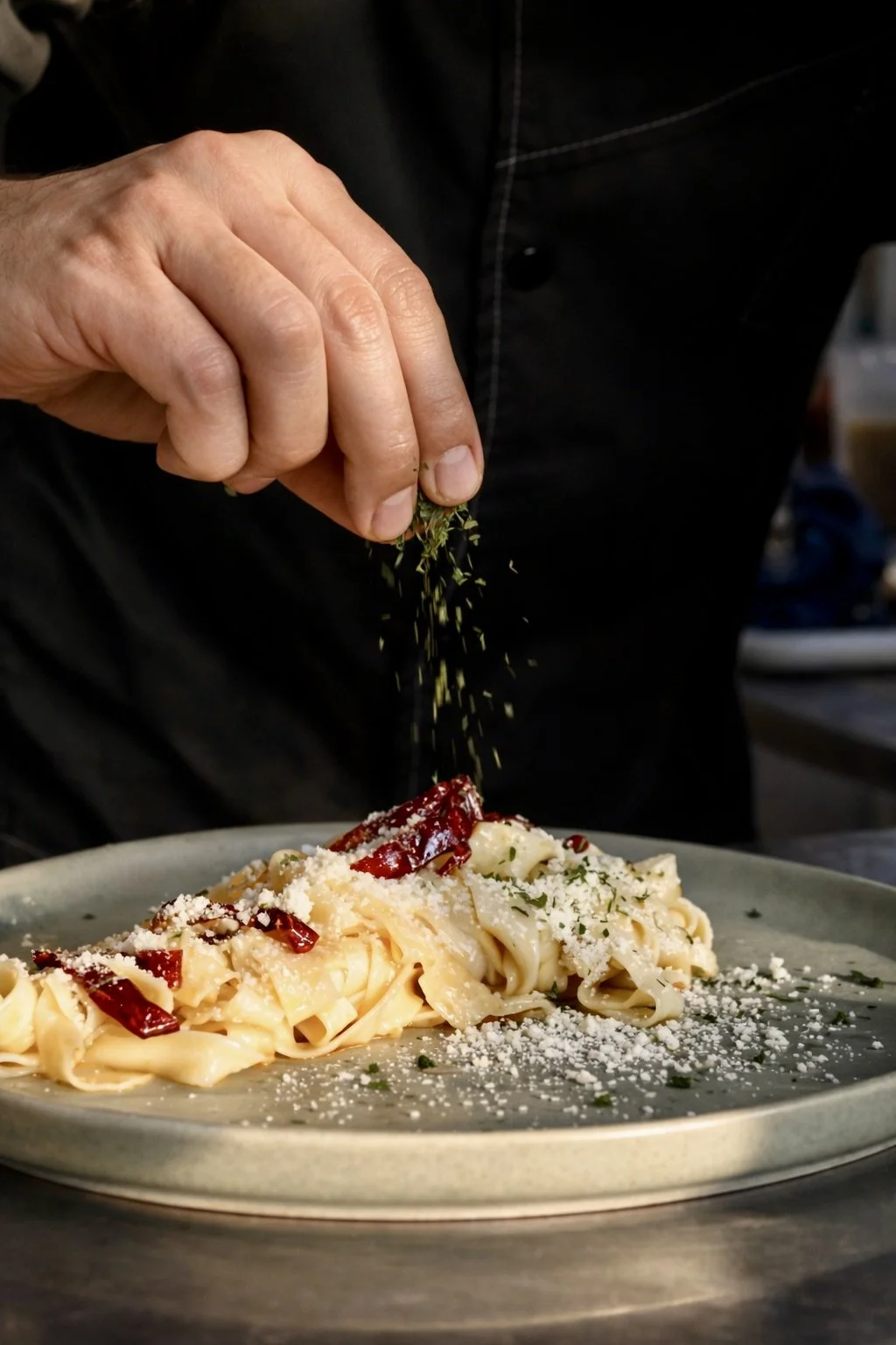 Mano sazonando pasta con hierbas y queso rallado