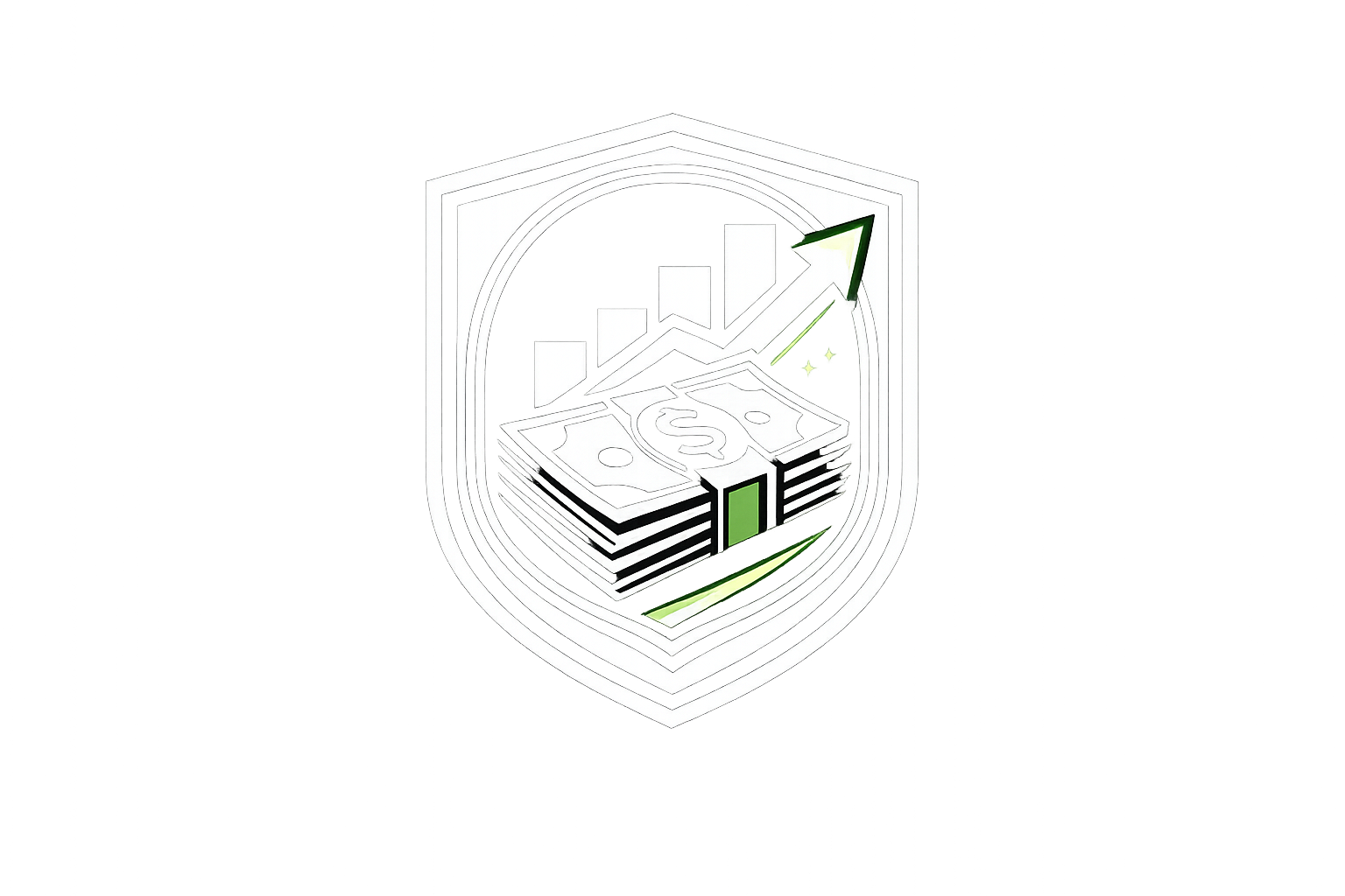 A shield emblem with a stack of dollar bills at the center, a rising green arrow, a bar chart, and star accents, symbolizing financial growth and success.