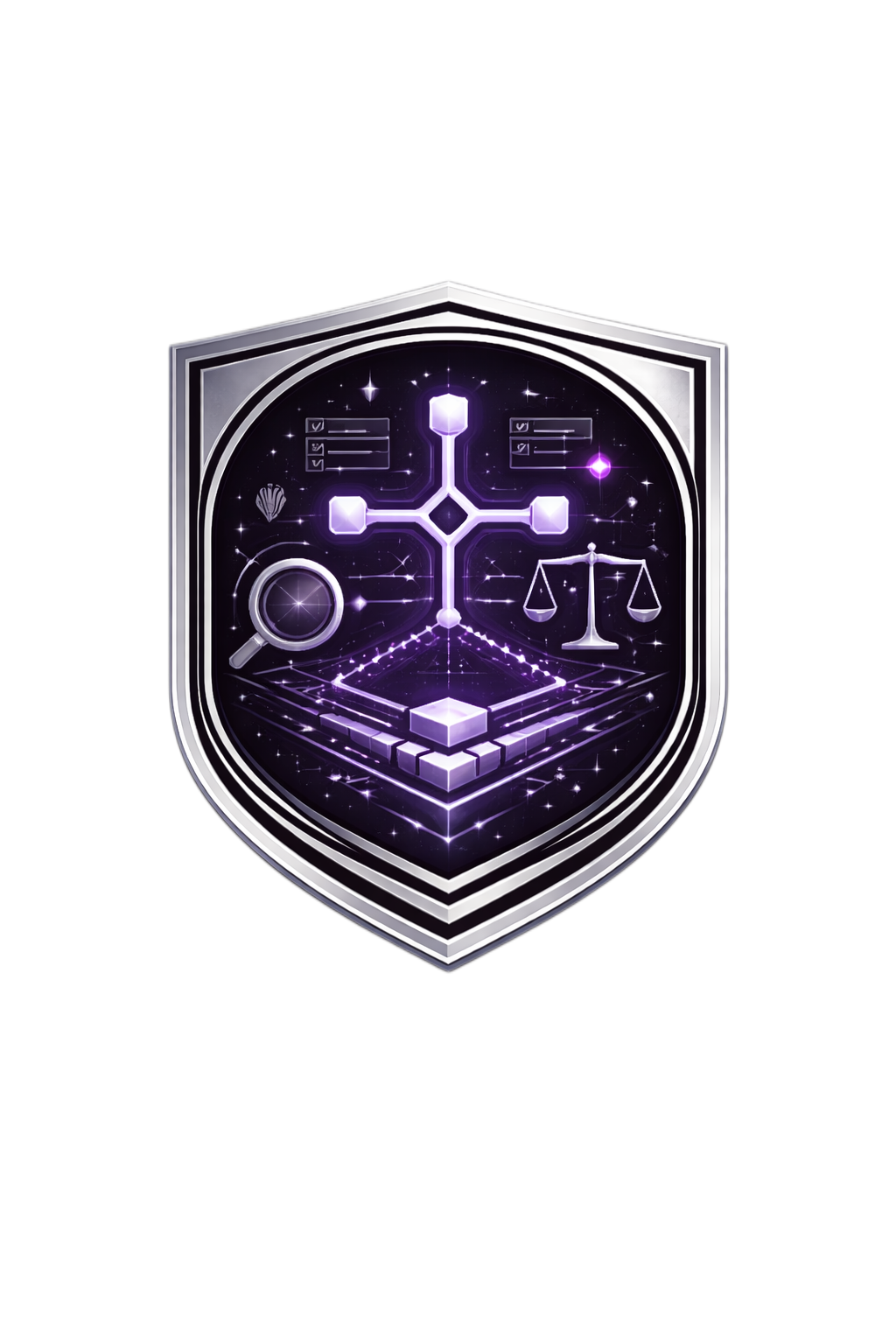 A digital illustration of a badge or emblem with a cosmic, futuristic theme, featuring a shield outline, a magnifying glass, balance scales, a polygonal network diagram, and checklists, all in glowing purple and white tones against a black background.