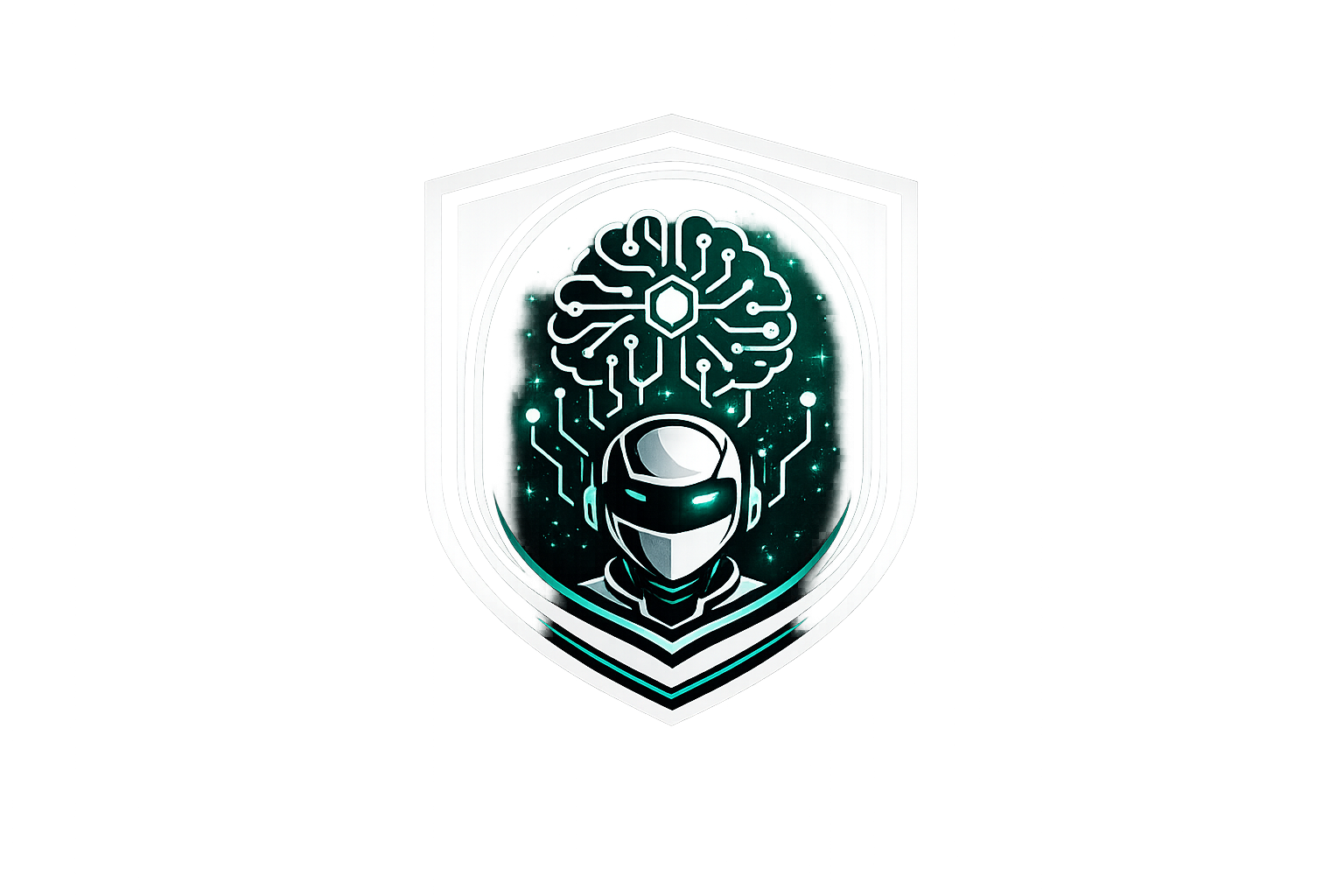 Digital emblem featuring a robotic helmet with a visor, a neural network illustration forming a brain with circuitry, and a shield outline with futuristic design elements.