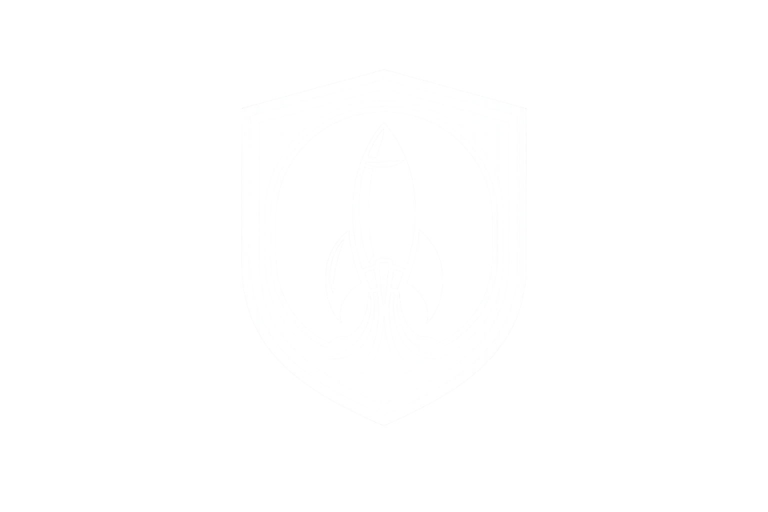 Black and white emblem featuring a rocket inside a shield shape.