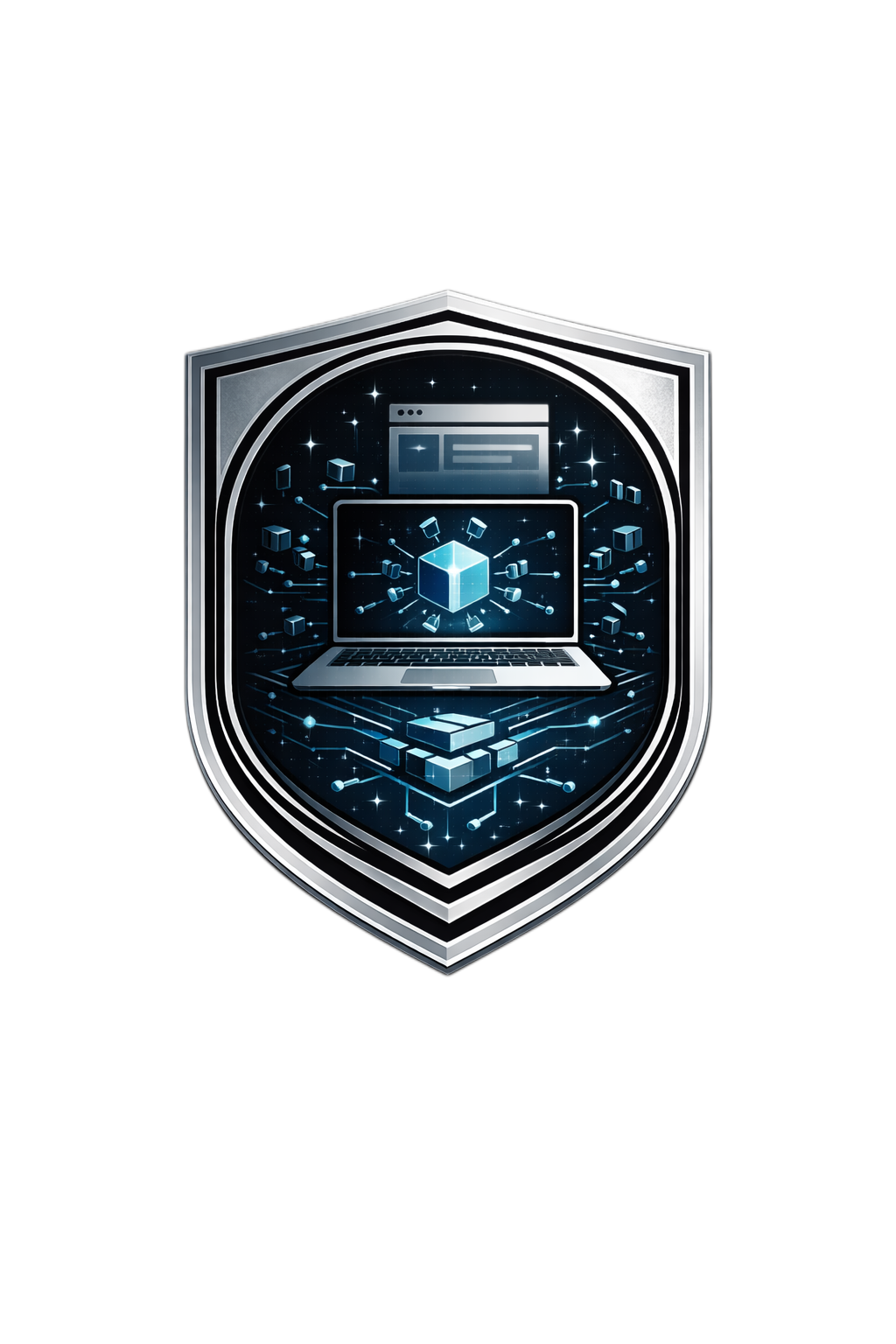 Digital illustration of blockchain technology with a laptop, interconnected blocks, and a shield