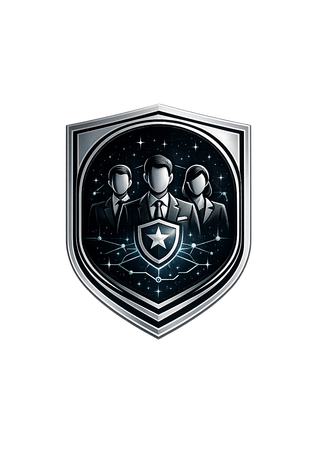 An emblem featuring three faceless figures in suits, a star on a shield, set against a starry night sky with constellation lines.