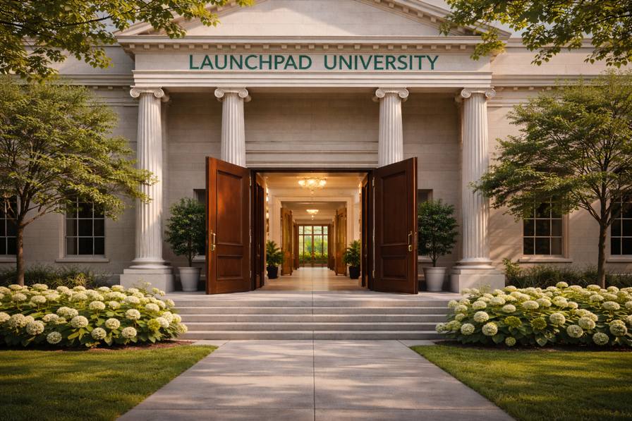 Entrance of Launchpad University building with large wooden doors, white columns, trees, and flower beds.
