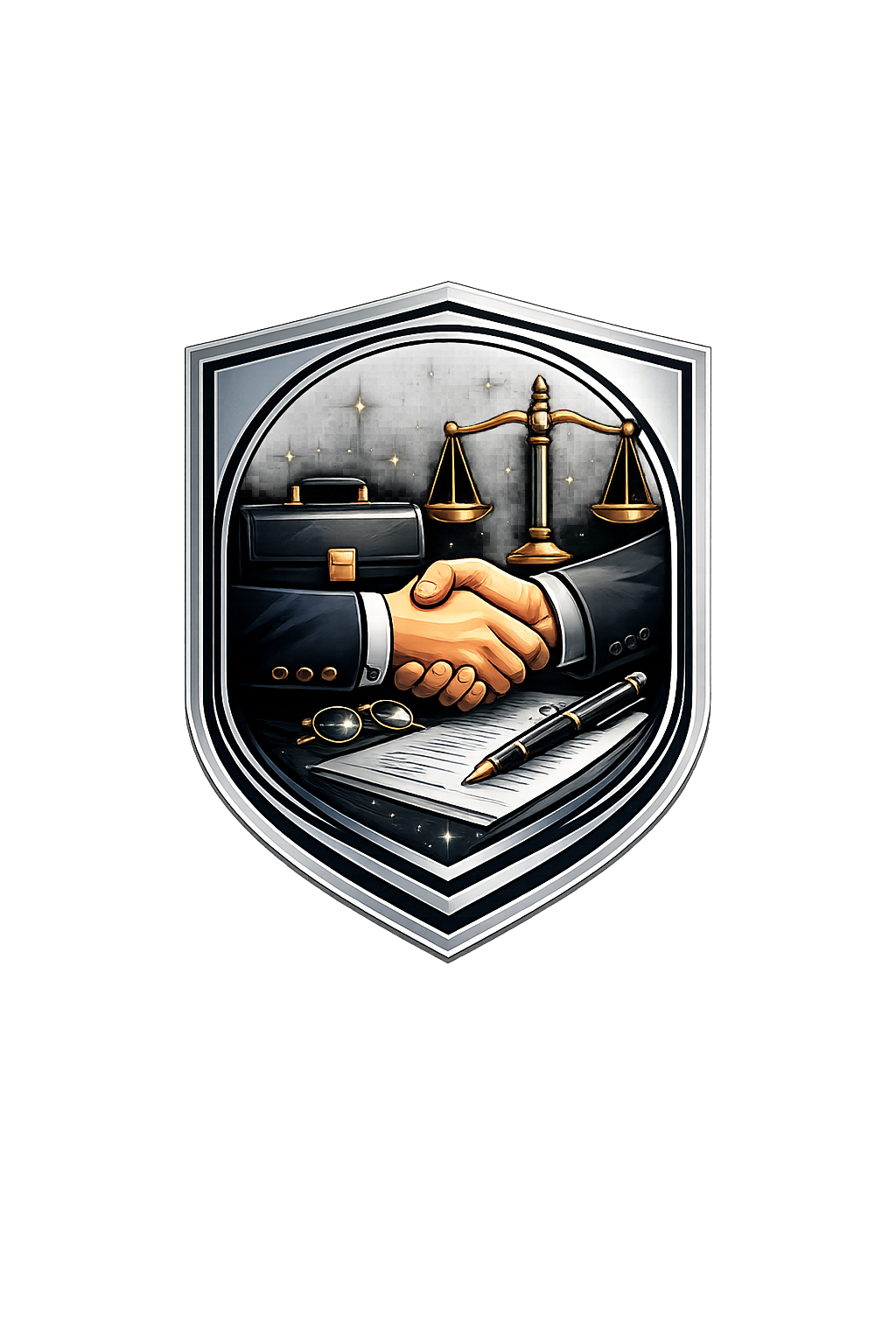 A crest featuring a handshake between two individuals in business suits, with a scale of justice, a briefcase, eyeglasses, a notebook, and a pen on a black background decorated with stars.