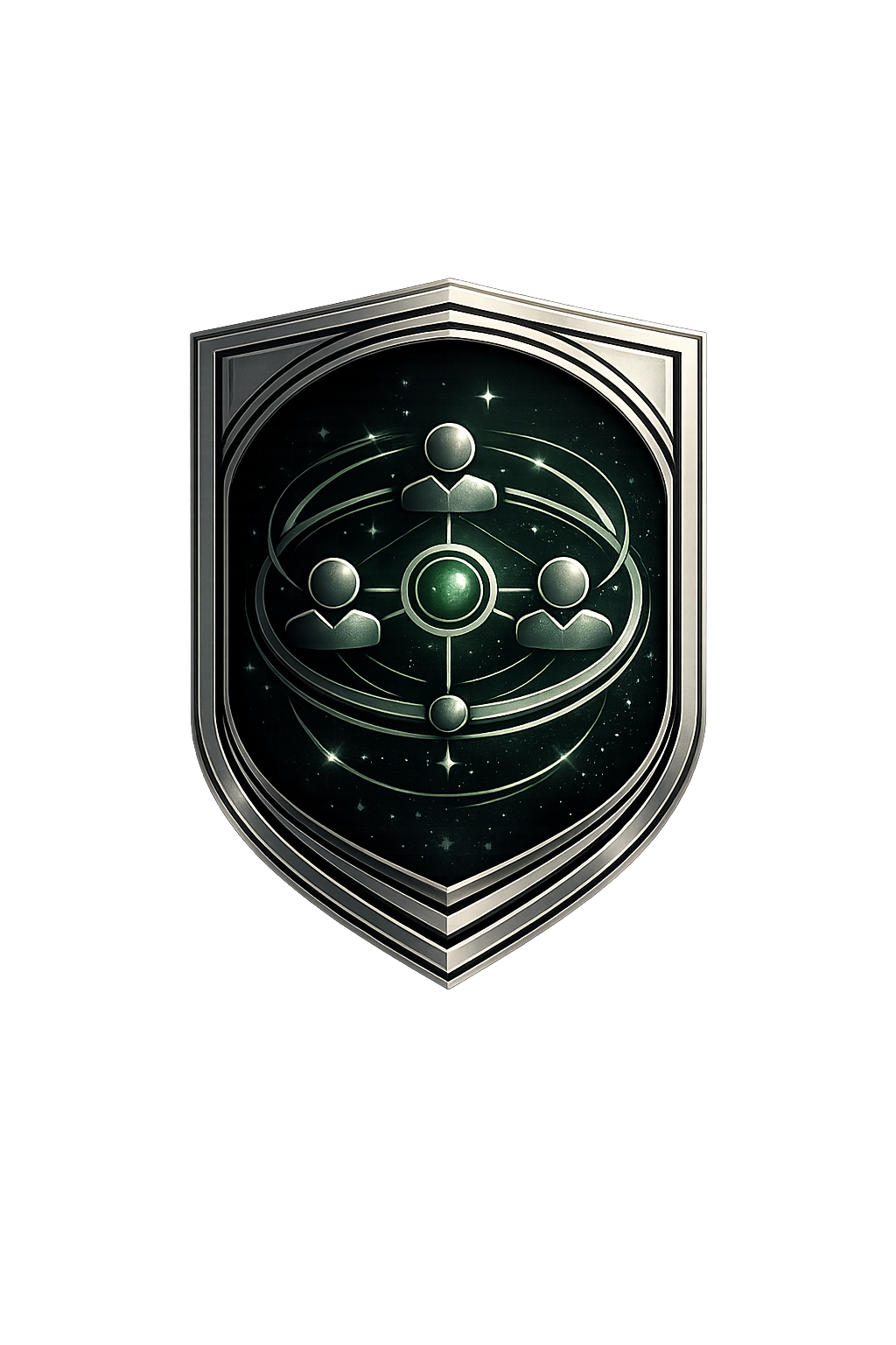 A badge with a cosmic background featuring connected human icons and orbital paths, representing social or network connections.