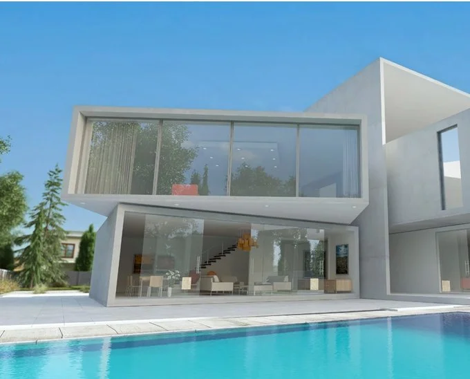 Fixed glass returns and corner panels completing modern façade over pool terrace.