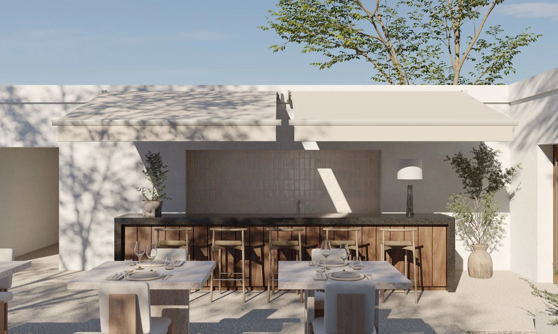 Café patio with soft neutral tones and extended awning shade.