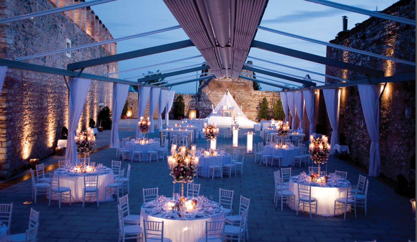 Wedding pavilion with open retractable roof and elegant décor.