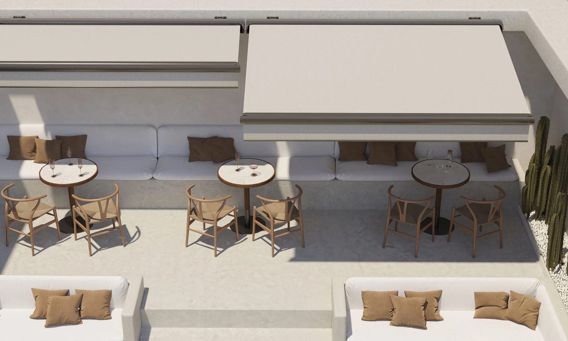 Minimalist outdoor bar with retractable awning shade.