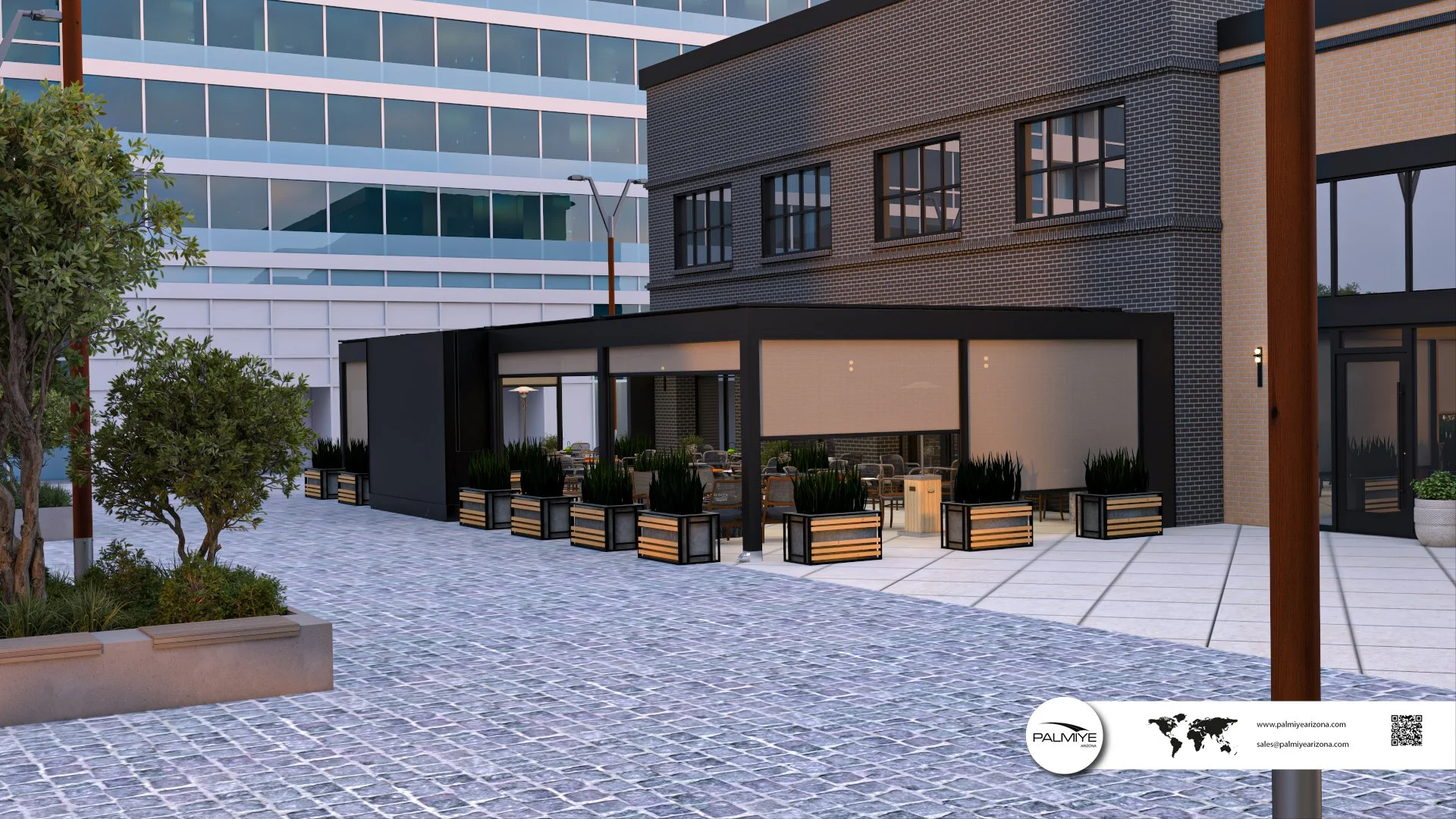 Outdoor commercial terrace featuring Aluwall partitions with integrated cable-guided screens.